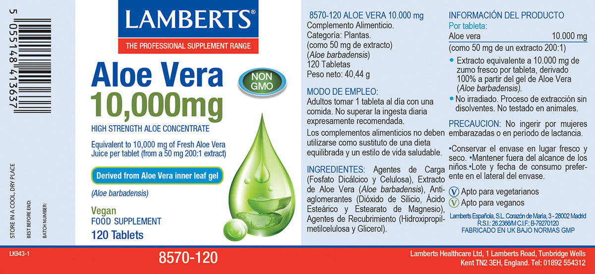 Aloe Vera 10.000 mg 120 tabletas – Lamberts (imagen 2)