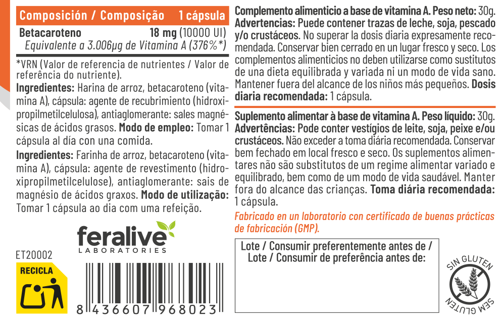 Beta-Caroteno 60 Cápsulas – Feralive (imagen 2)
