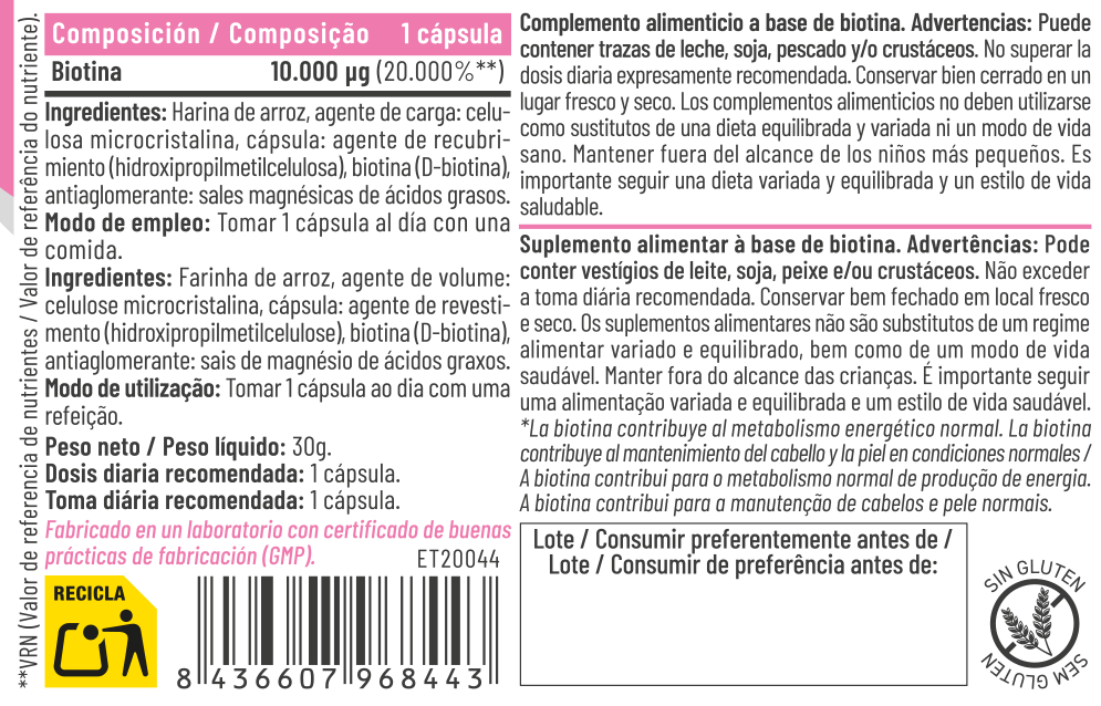 Biotina 10.000 µg 60 cápsulas – Feralive (imagen 2)