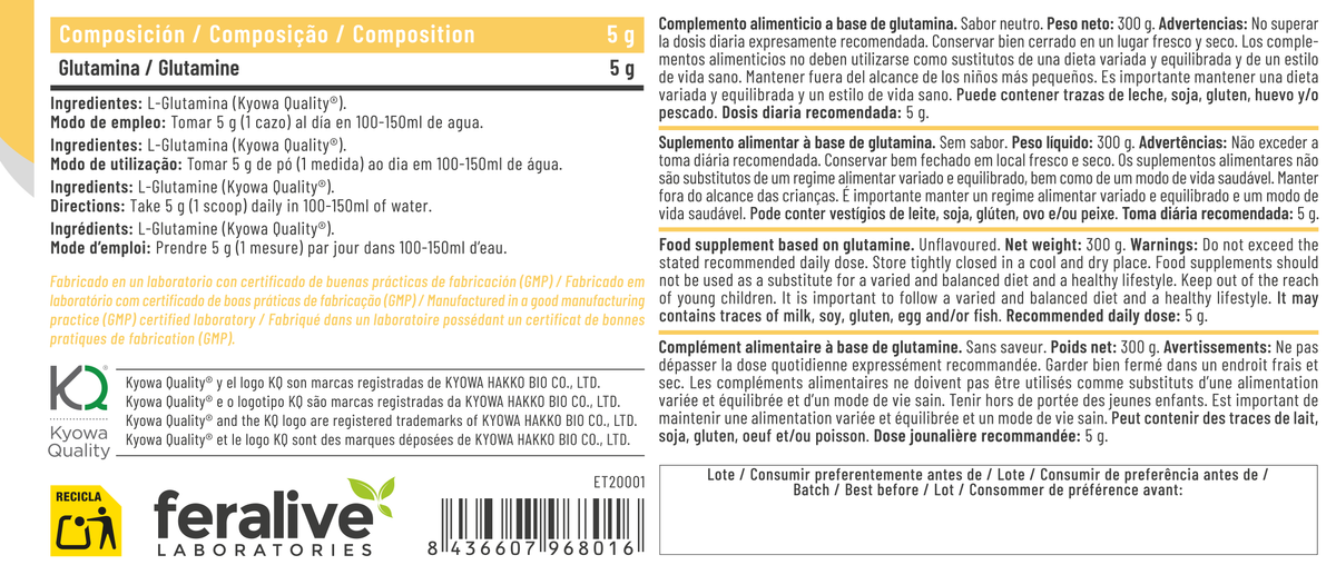 L-Glutamina Kyowa 300 g – Feralive (imagen 2)