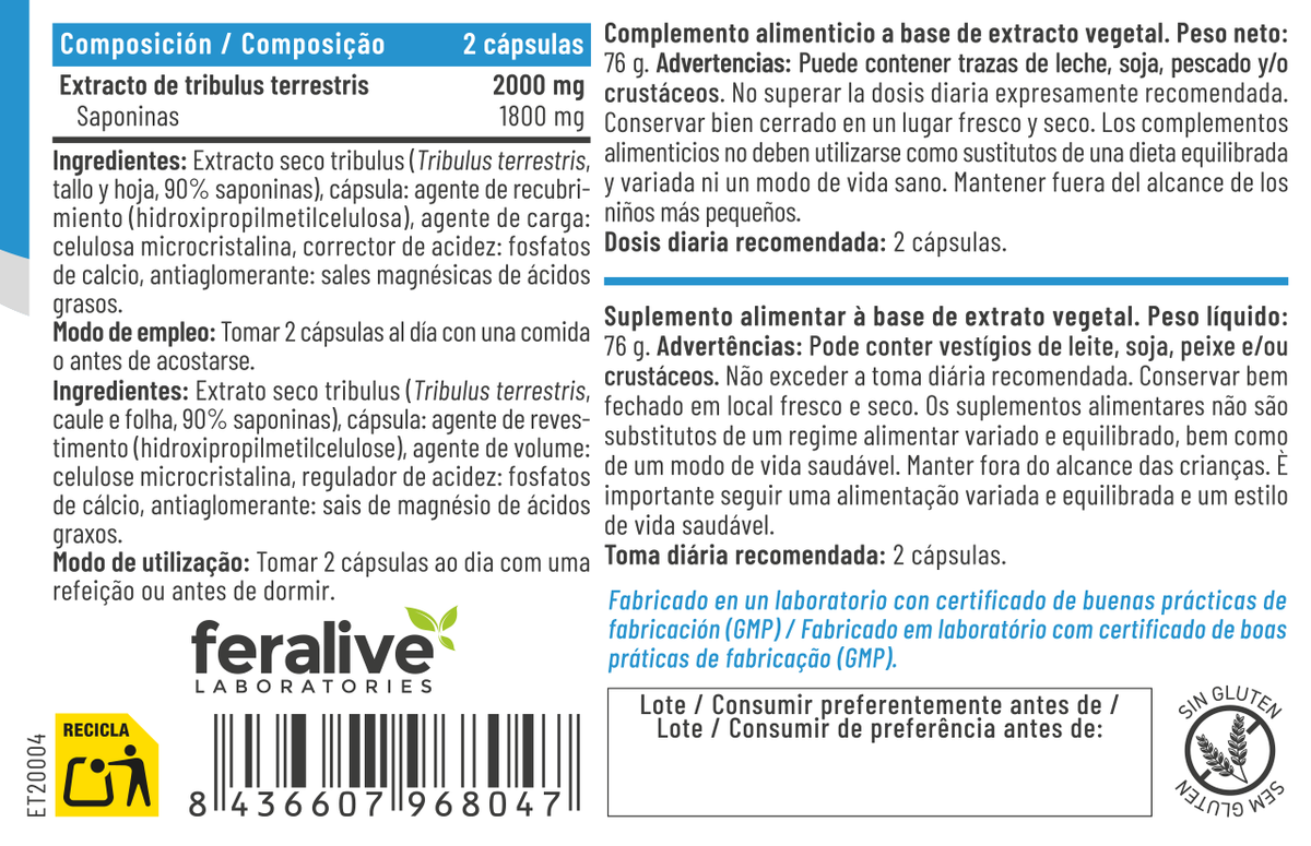 Tribulus 2000 mg 60 cápsulas – Feralive (imagen 2)