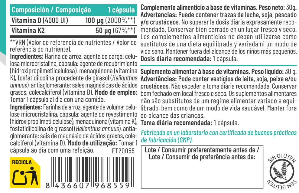 Vitamina D3 + K2 (MK-7) 60 cápsulas – Feralive (imagen 2)