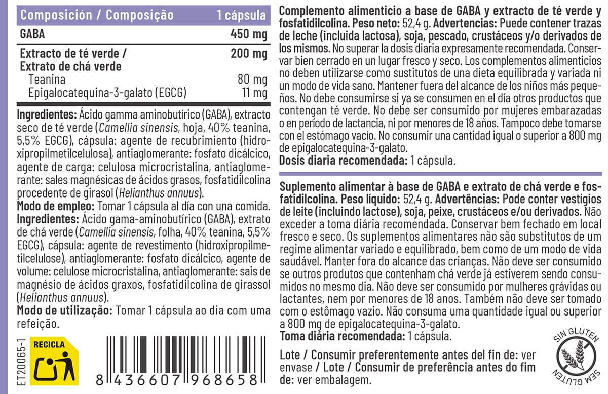 GABA + Teanina 60 cápsulas – etiqueta con composición – Feralive
