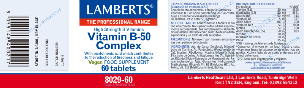 Complejo Vitaminas B-50 60 tabletas – Lamberts (imagen 2)