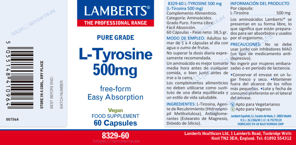 L-Tirosina 500 mg 60 cápsulas – Lamberts (imagen 2)