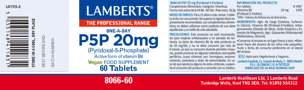 P5P Piridoxal-5-Fosfato 60 tabletas – Lamberts (imagen 2)