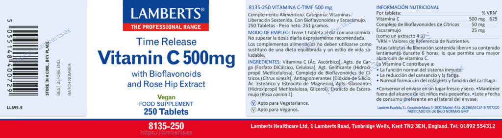 Vitamina C 500 mg 250 tabletas – Lamberts (imagen 2)