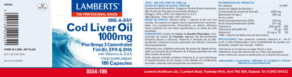 Aceite hígado de bacalao 1000 mg 180 cápsulas – Lamberts (imagen 2)