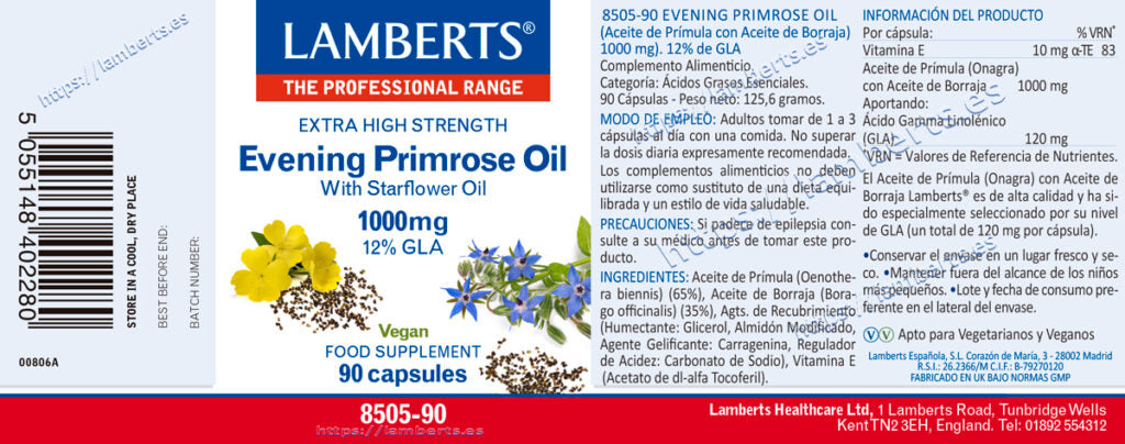 Aceite de Prímula con Borraja 1000 mg 90 cápsulas – Lamberts (imagen 2)