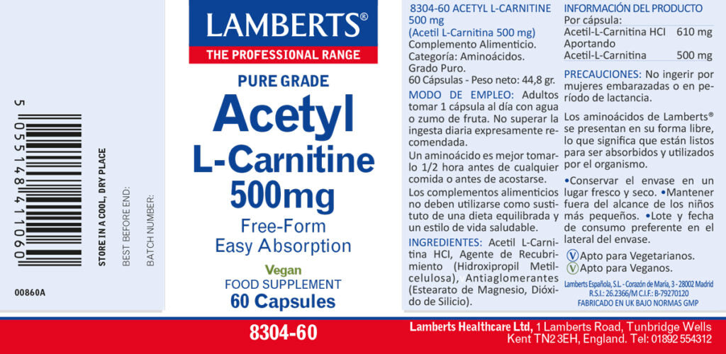 Acetil L-Carnitina 500 mg 60 cápsulas – Lamberts (imagen 2)