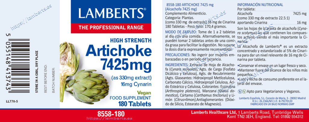 Alcachofa 7425 mg 180 tabletas – Lamberts (imagen 2)