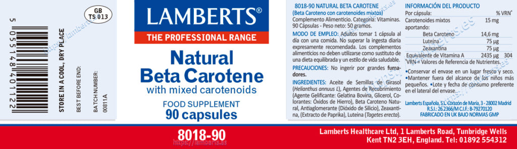 Betacaroteno Natural 90 cápsulas – Lamberts (imagen 2)