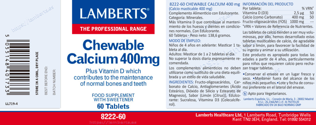 Calcio masticable 400 mg 60 tabletas – Lamberts (imagen 2)