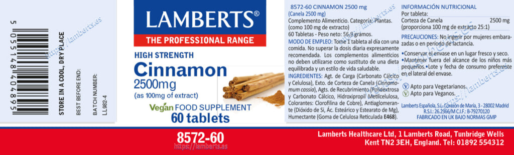 Canela 2500 mg 60 tabletas – Lamberts (imagen 2)