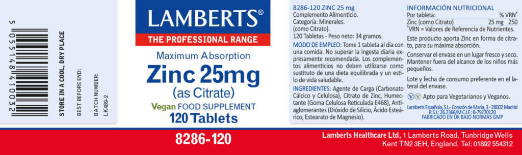 Zinc 25 mg 120 tabletas – Lamberts (imagen 2)