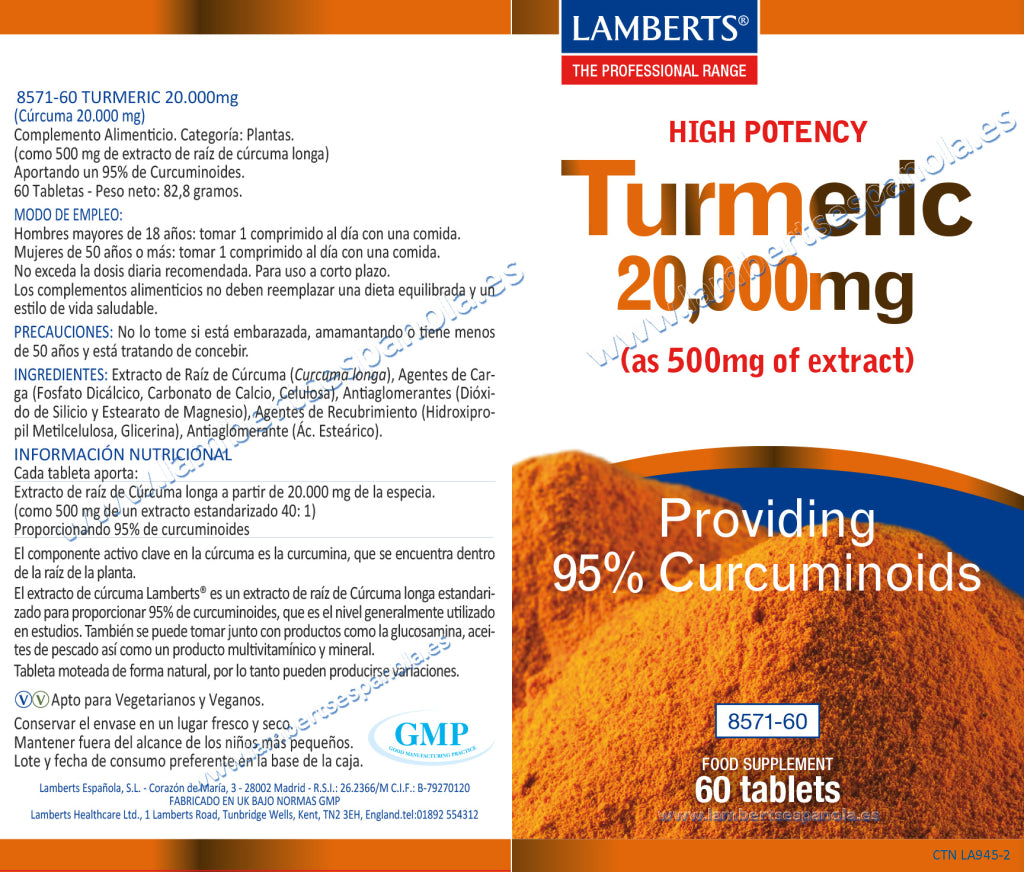 Cúrcuma 20.000 mg 60 tabletas – Lamberts (imagen 2)
