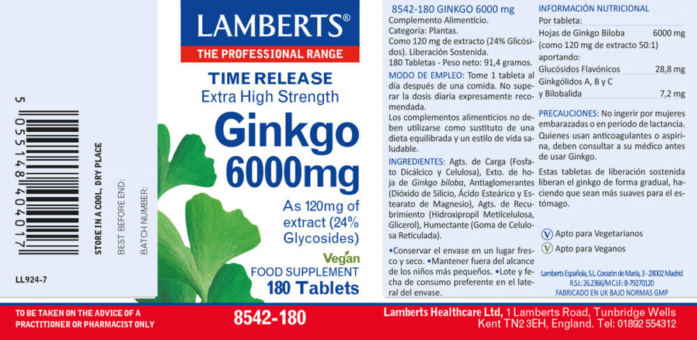Ginkgo Biloba 6000 mg 180 tabletas – Lamberts (imagen 2)
