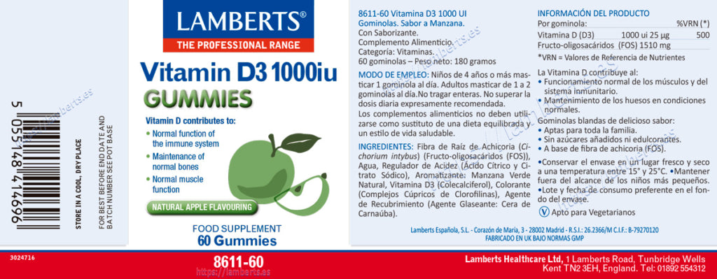 Vitamina D3 1000 UI 60 gominolas – Lamberts (imagen 2)