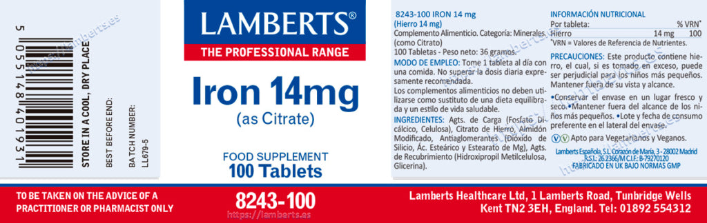 Hierro 14 mg 100 tabletas – Lamberts (imagen 2)