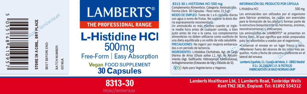 L-Histidina HCl 500 mg 30 cápsulas – Lamberts (imagen 2)