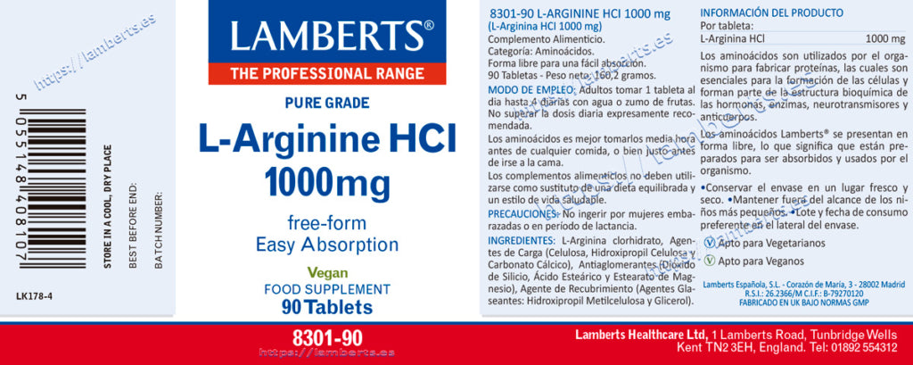 L-Arginina HCl 1000 mg 90 tabletas – Lamberts (imagen 2)