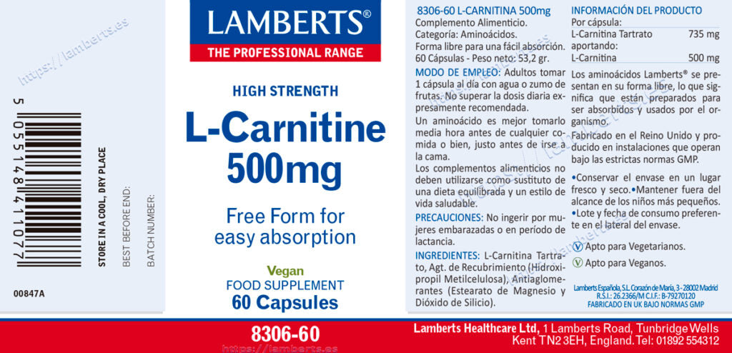 L-Carnitina 500 mg 60 cápsulas – Lamberts (imagen 2)