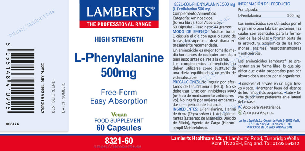 L-Fenilalanina 500 mg 60 cápsulas – Lamberts (imagen 2)