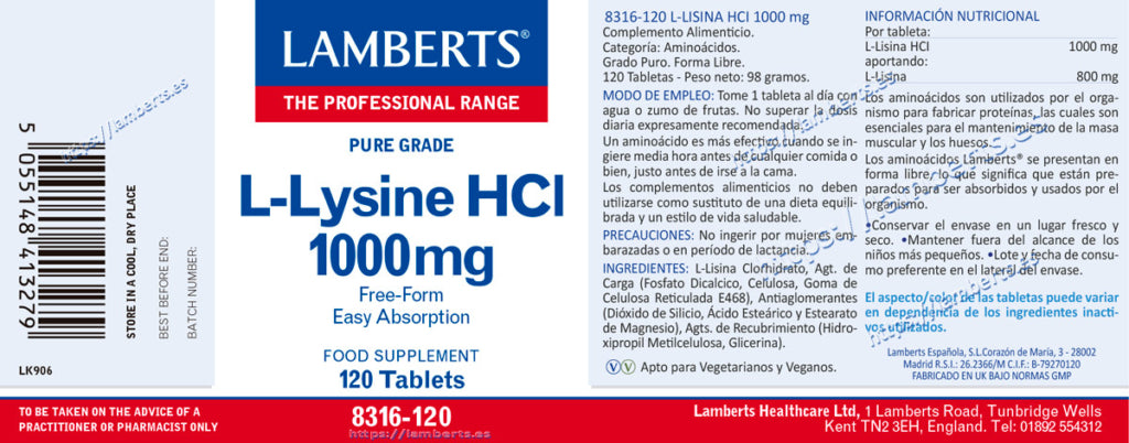 L-Lisina HCl 1000 mg 120 tabletas – Lamberts (imagen 2)