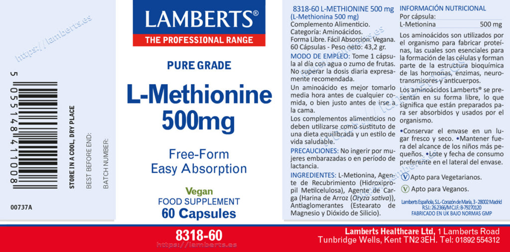 L-Metionina 500 mg 60 cápsulas – Lamberts (imagen 2)