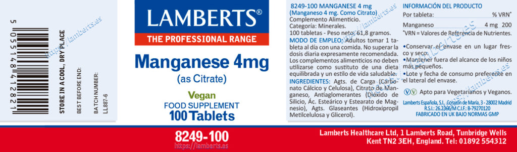 Manganeso 4 mg 100 tabletas – Lamberts (imagen 2)