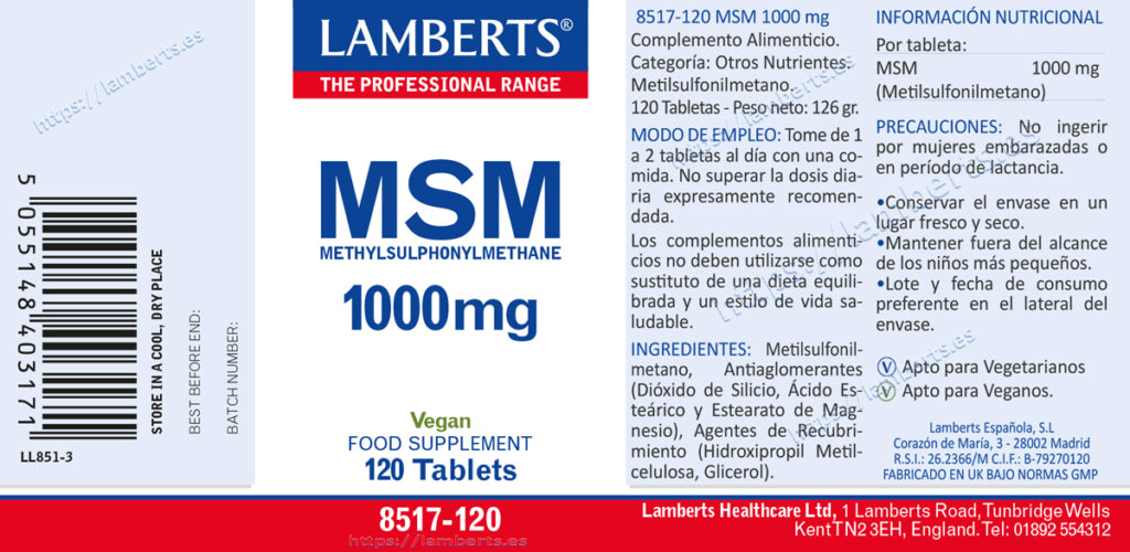 MSM 1000 mg 120 tabletas – Lamberts (imagen 2)