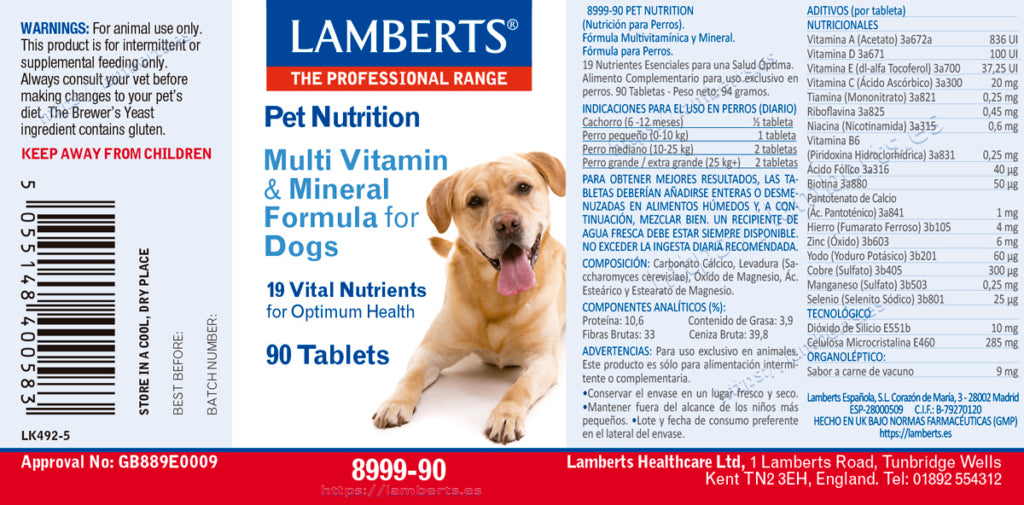 Multivitaminas y Minerales para perros 90 tabs – Lamberts (imagen 2)