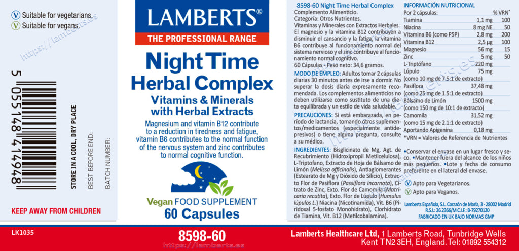 Night Time Herbal Complex 60 cáps – Lamberts (imagen 2)