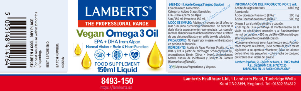 Omega 3 Vegano líquido 150 ml – Lamberts (imagen 2)