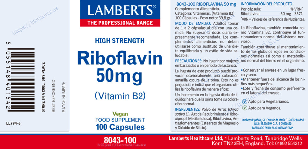 Riboflavina 50 mg 100 cápsulas – Lamberts (imagen 2)