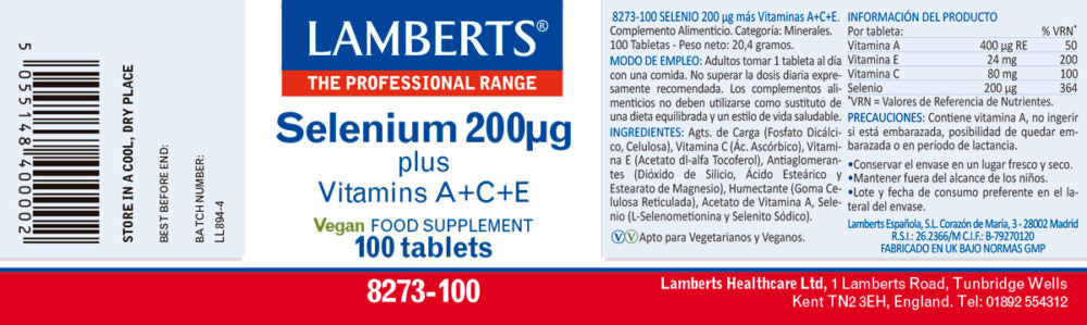 Selenio 200 µg 100 tabletas – Lamberts (imagen 2)