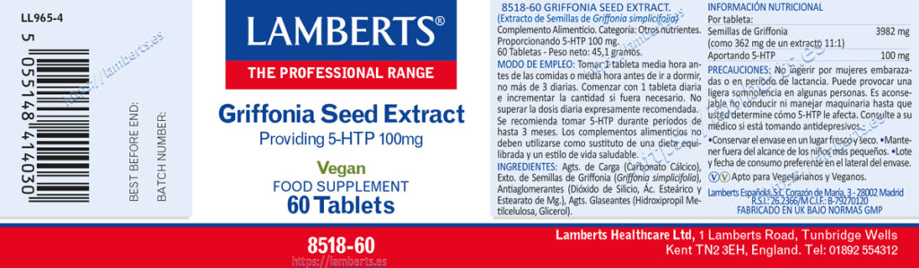 Griffonia 5-HTP 100 mg 60 tabletas – Lamberts (imagen 2)