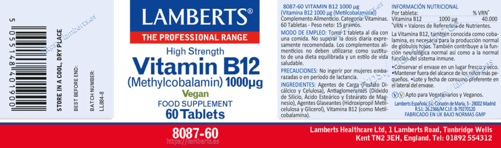 Vitamina B12 1000 µg 60 tabletas – Lamberts (imagen 2)