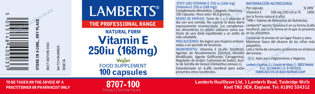 Vitamina E Natural 250 UI 100 cápsulas – Lamberts (imagen 2)