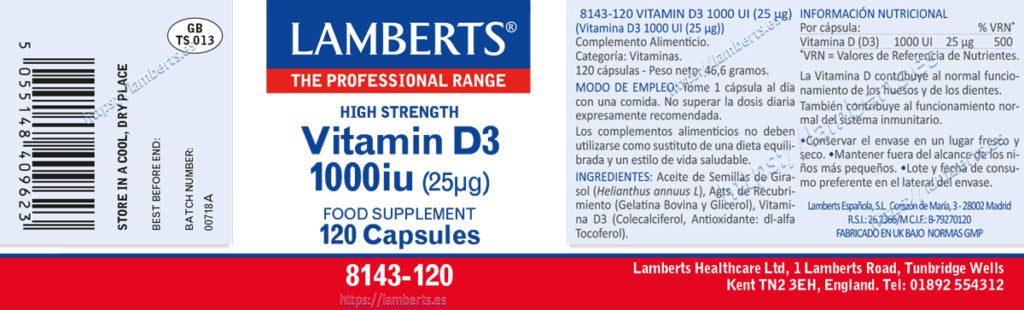 Vitamina D 1000 UI 120 cápsulas – Lamberts (imagen 2)
