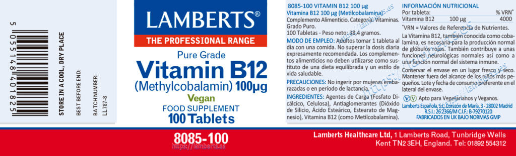 Vitamina B12 100 µg 100 tabletas – Lamberts (imagen 2)