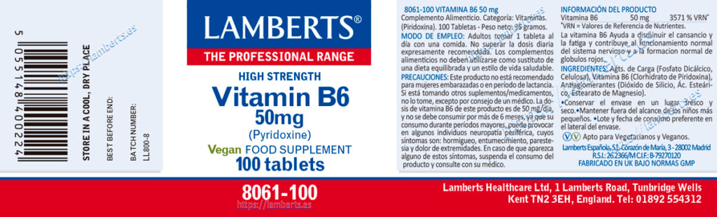 Vitamina B6 piridoxina 50 mg 100 tabletas – Lamberts (imagen 2)