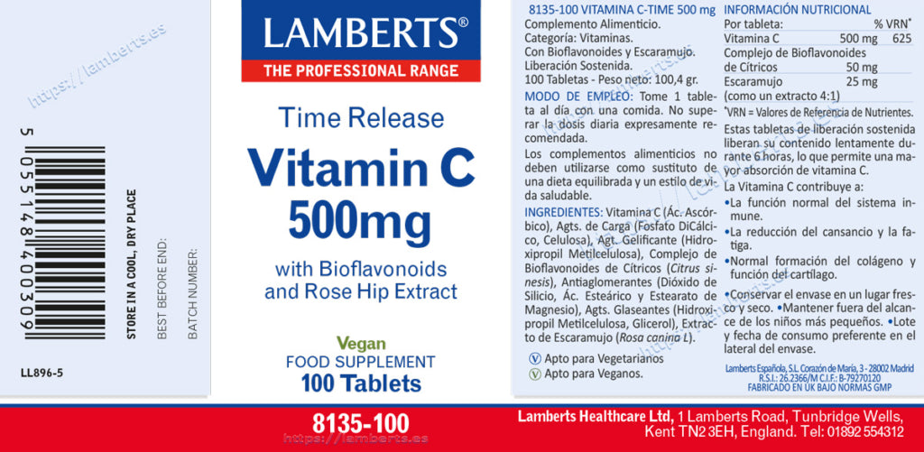 Vitamina C 500 mg 100 tabletas – Lamberts (imagen 2)