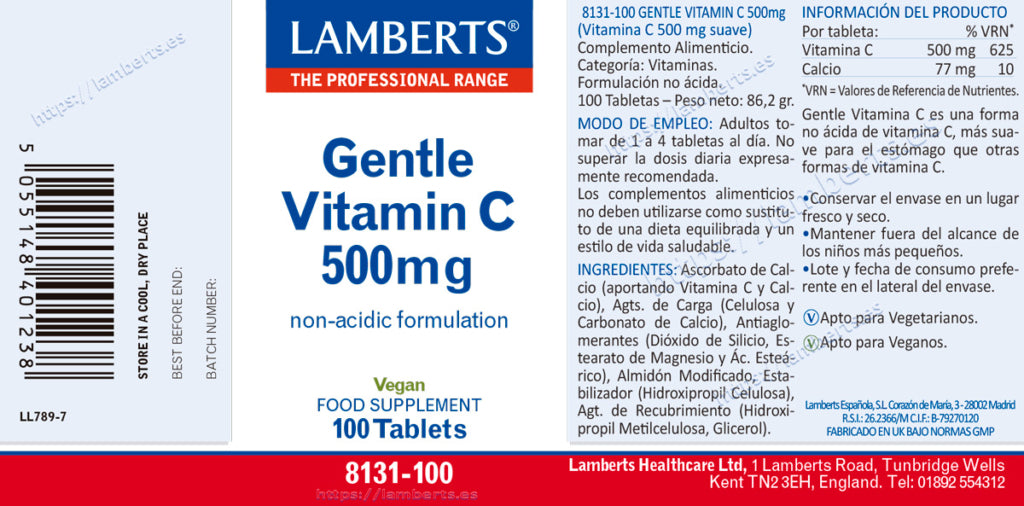 Vitamina C 500 mg no ácida 100 tabletas – Lamberts (imagen 2)