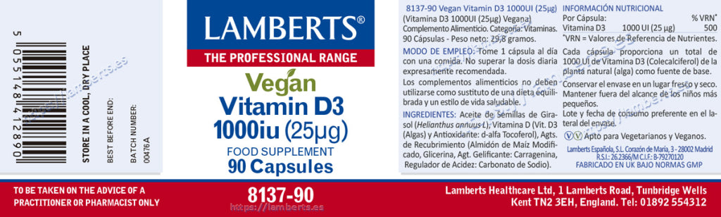 Vitamina D3 Vegana 1000 UI 90 cápsulas – Lamberts (imagen 2)
