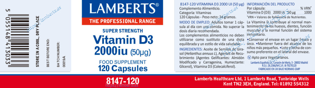Vitamina D3 2000 UI 120 cápsulas – Lamberts (imagen 2)