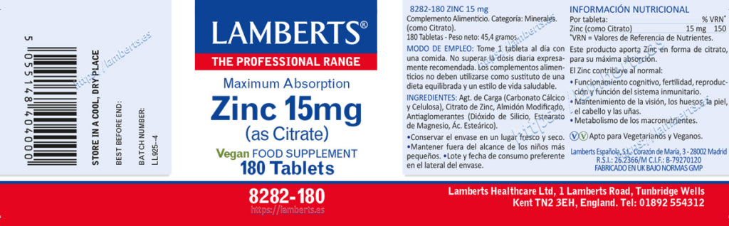 Zinc 15 mg citrato 180 tabletas – Lamberts (imagen 2)