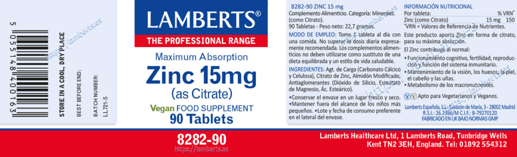 Zinc 15 mg 90 tabletas – Lamberts (imagen 2)